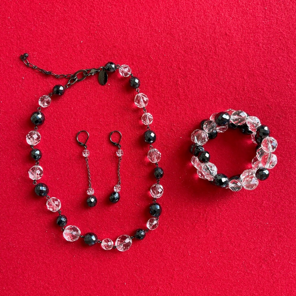 White House Black Market crystal-beaded choker, earrings and wrap bracelet.
